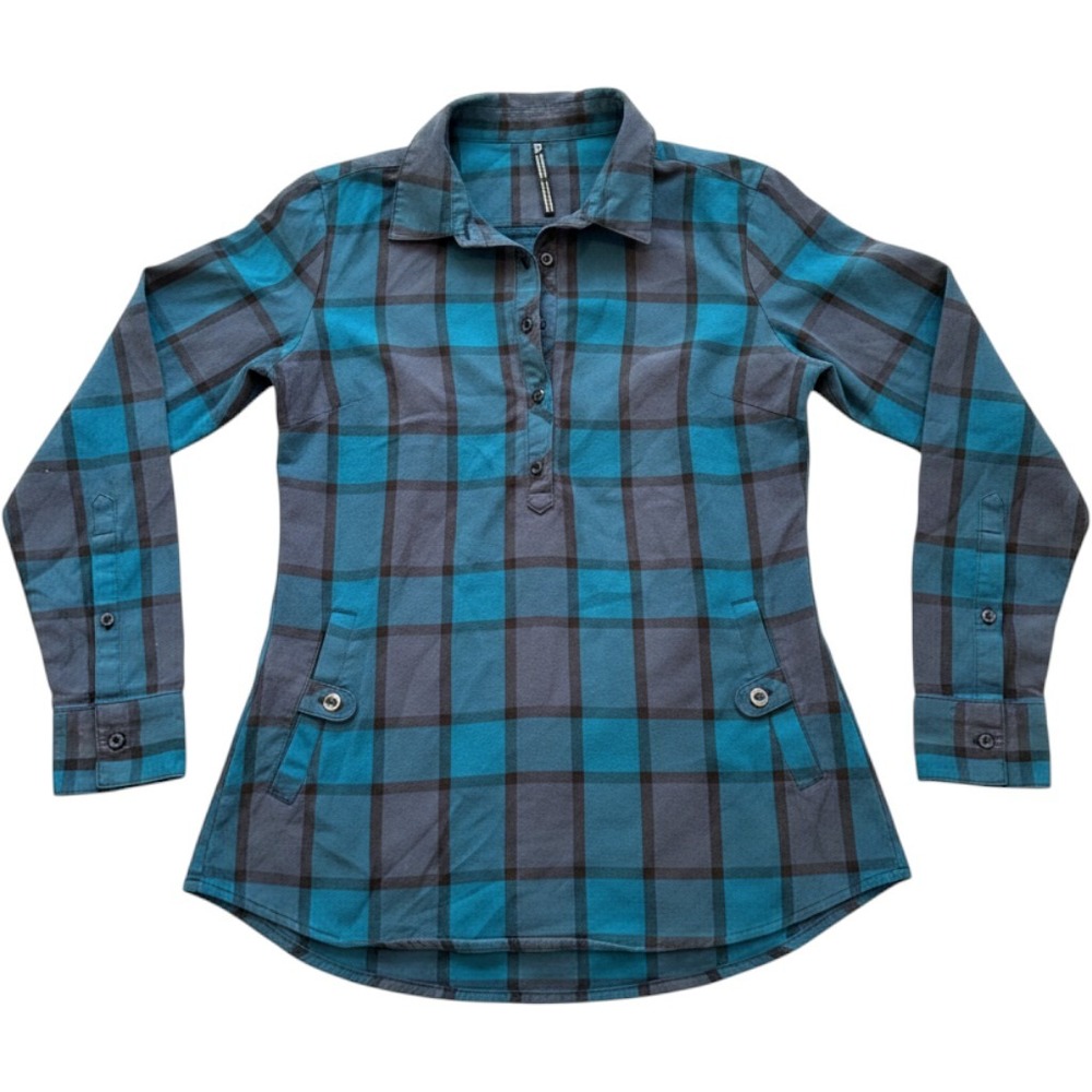 KUHL Flannel Tunic Women XS Teal Grey Plaid Long Sleeve Button Pocket Pullover